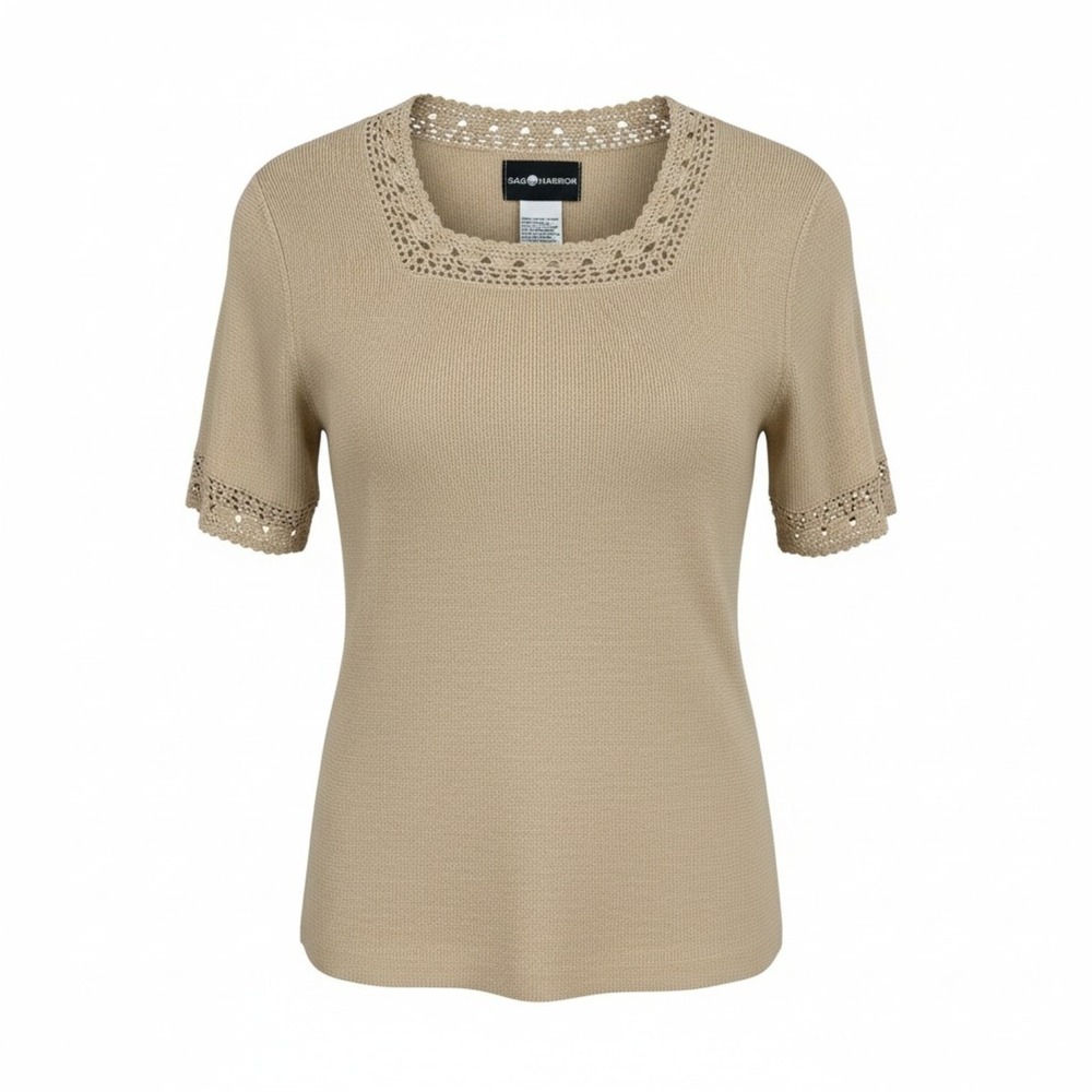 Sag Harbor Womens Tan Crochet Trim Square Neck Short Sleeve Knit Top M Cottage